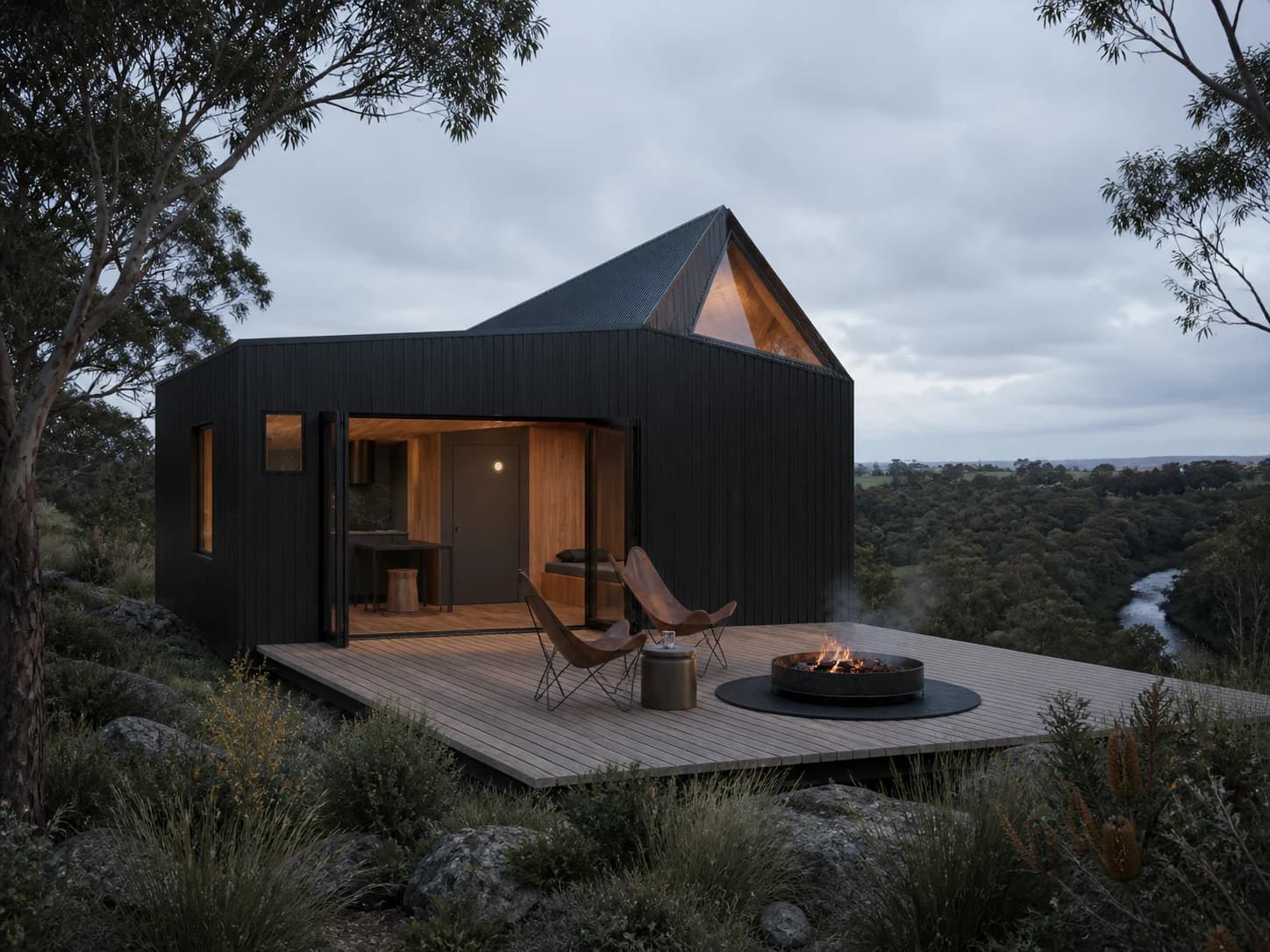 Concept rendering of Tiny House One, its deck and fire pit overlooking the Campaspe River valley