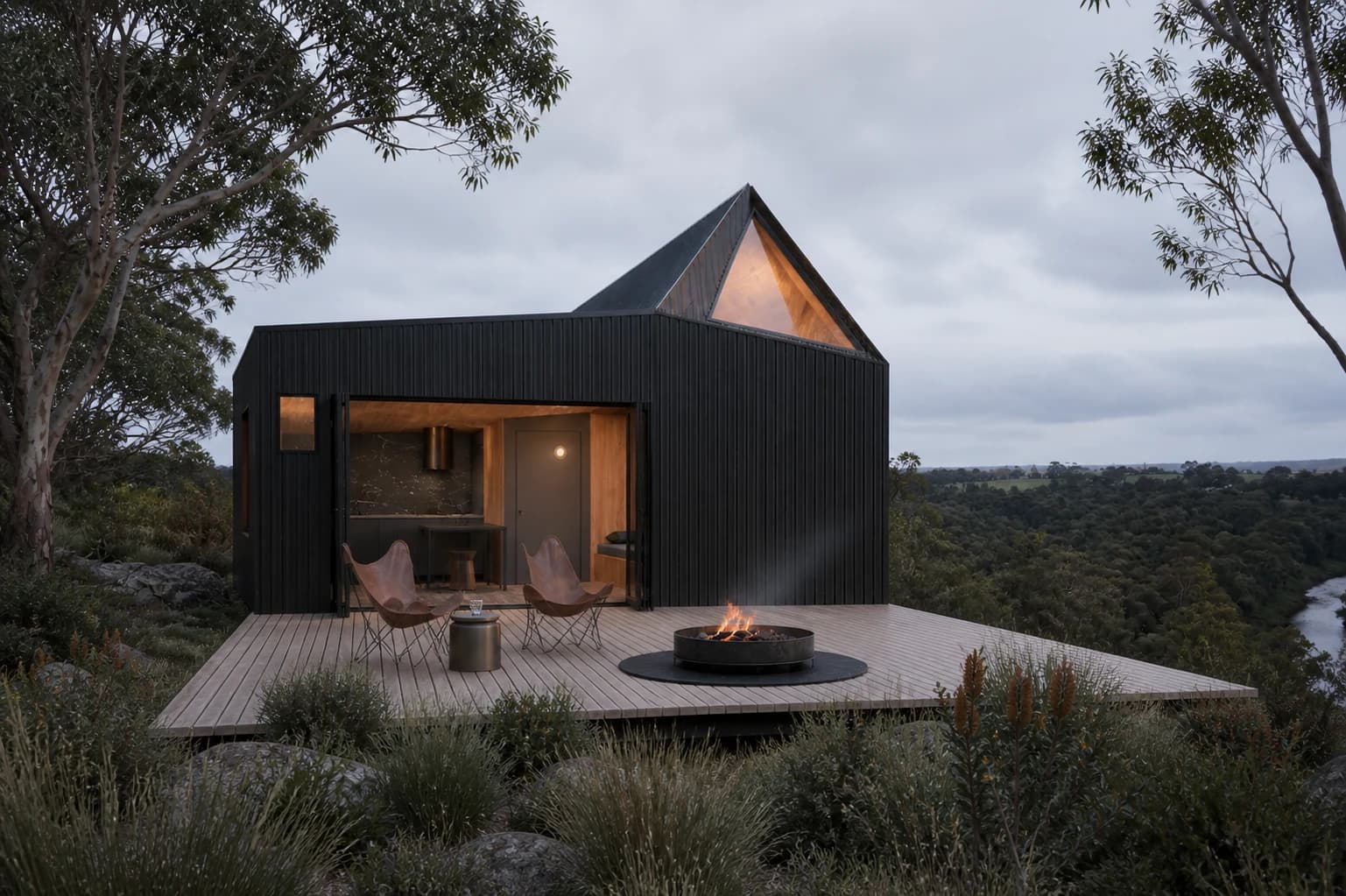 Concept rendering of the charcoal Tiny House One facade and timber deck