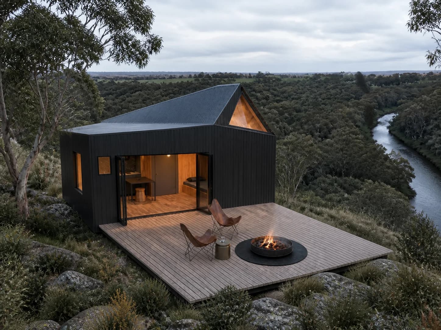 Elevated concept view of Tiny House One, its angular roof and the Campaspe River