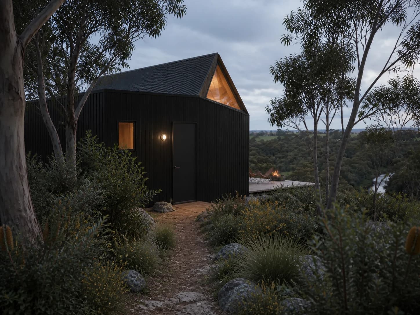 Concept arrival view of Tiny House One through native Australian shrubs and eucalyptus