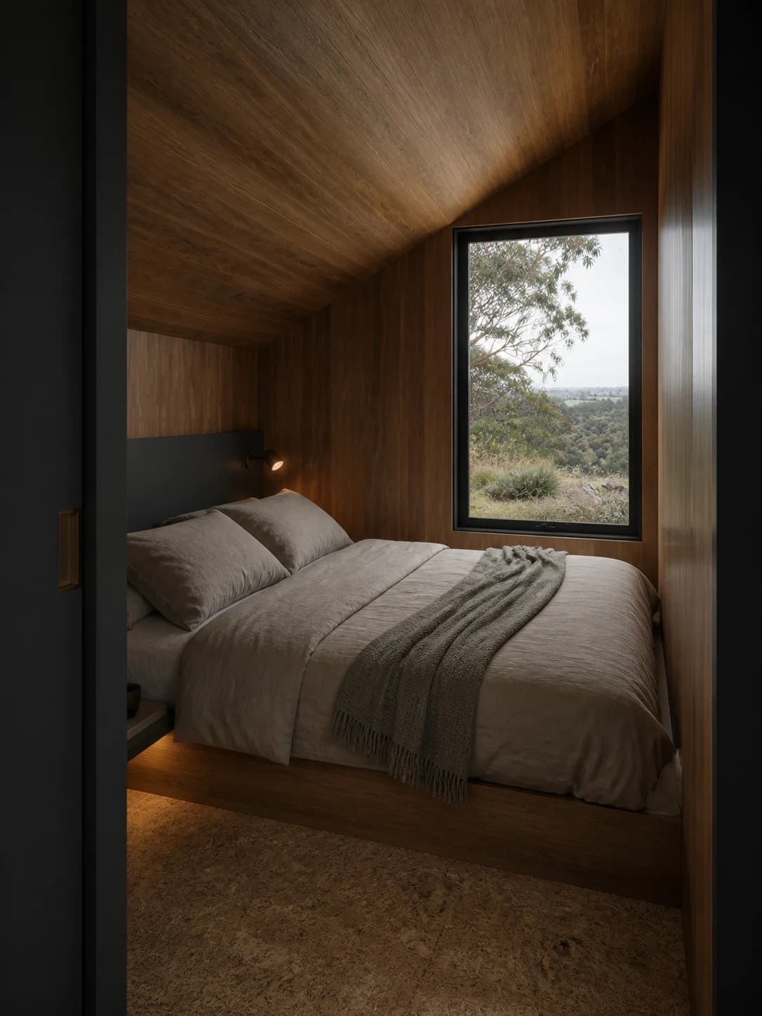 Concept rendering of the timber-lined bedroom with a framed valley view