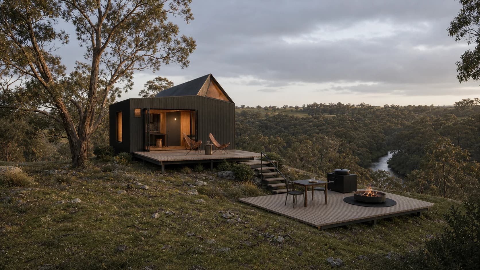 Concept rendering of Tiny House Two, its main deck and lower destination deck above the river valley