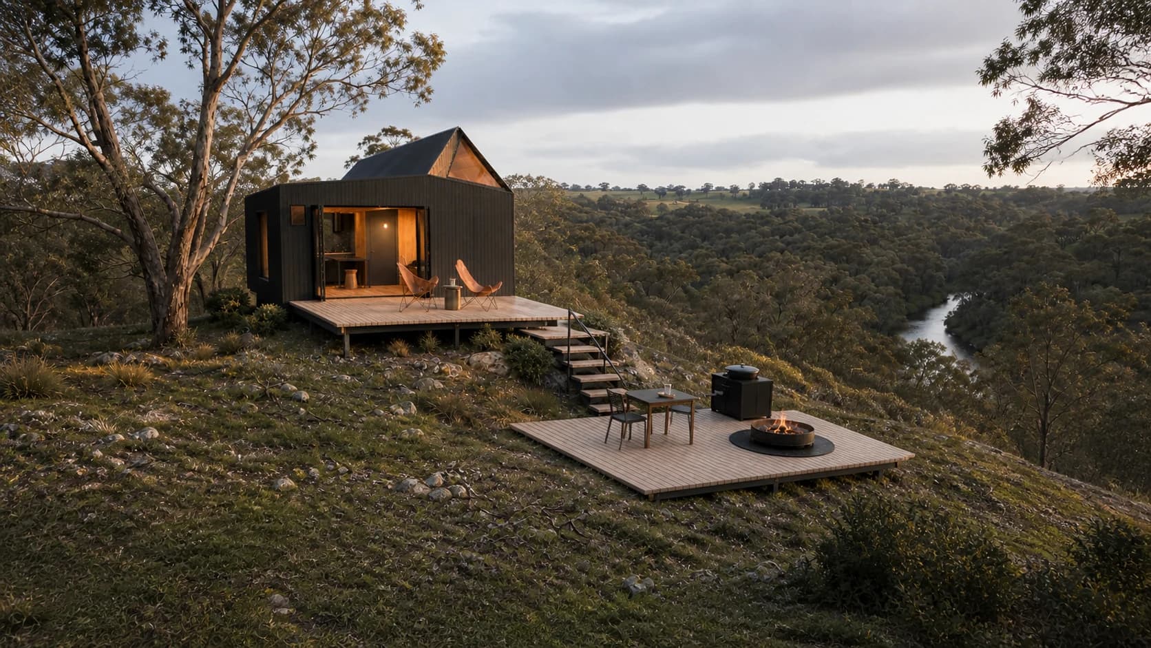 Elevated concept view showing Tiny House Two, the two deck levels and stairs across the slope