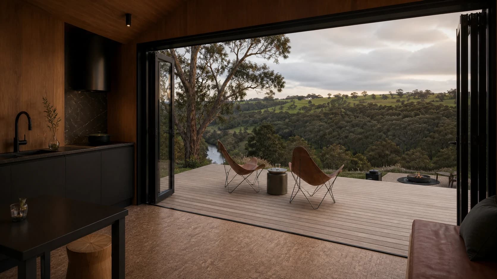 Concept view from inside Tiny House Two across the main deck toward the river