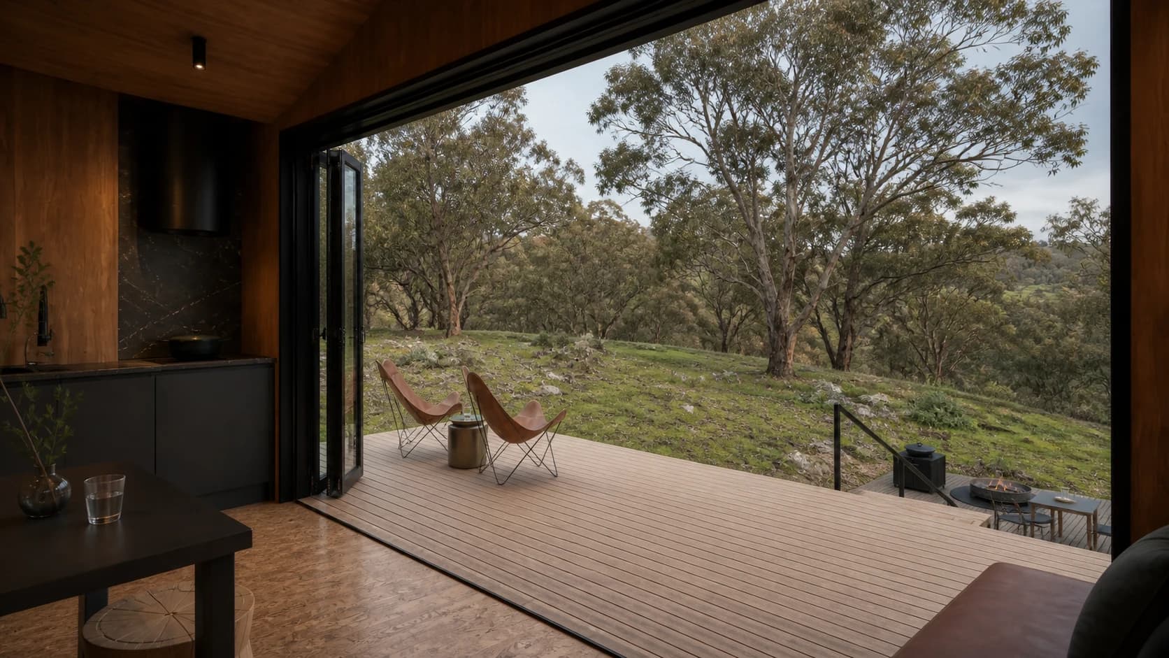 Concept view from inside Tiny House Two across the main deck into the eucalyptus woodland