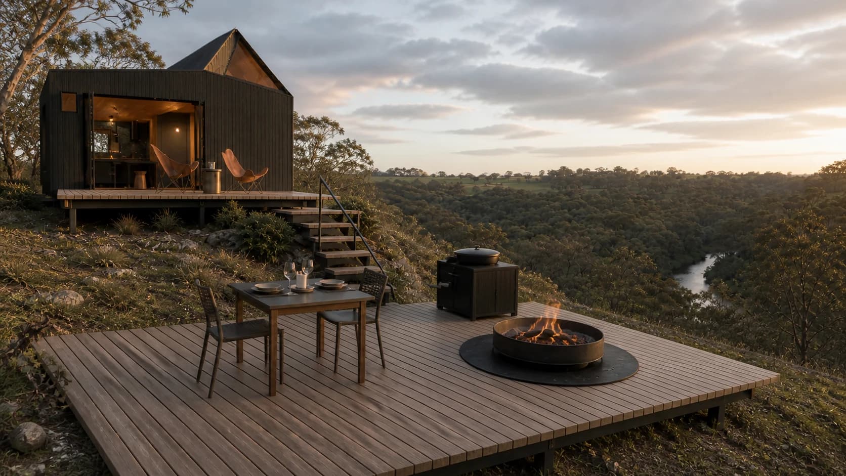 Concept rendering of the lower dining and fire deck with stairs returning to Tiny House Two