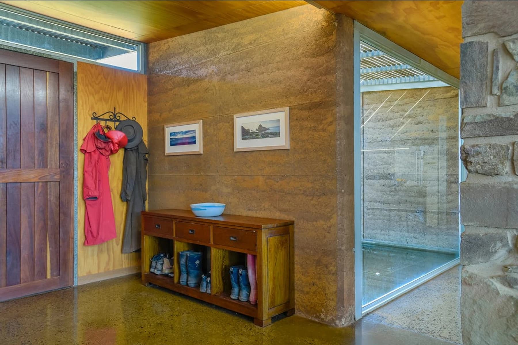 Bathroom and entry at the Stone Axe Main House