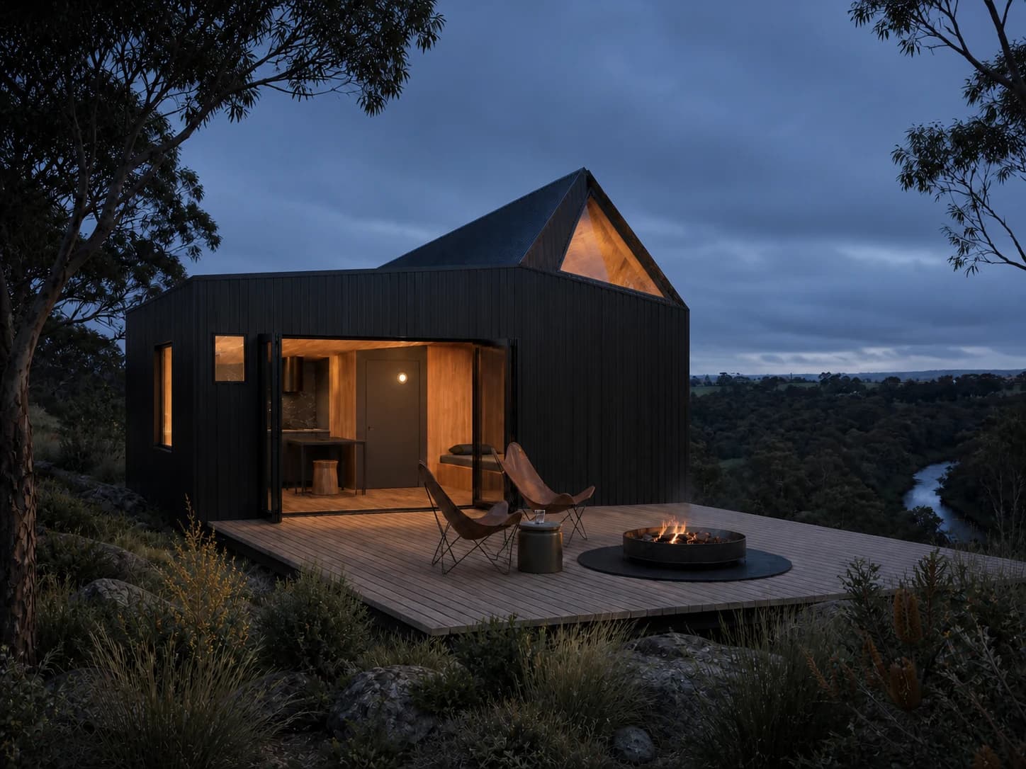 Concept rendering of Tiny House One illuminated above the river at dusk